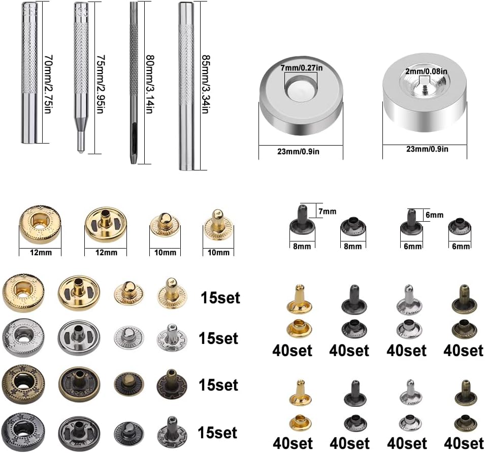 Yizzvb 320 Pcs Leather Rivets Kit， 60 Pcs Leather Snap Fasteners， 2 Size Leather Rivets Double Cap Rivet Kit， Double-Sided Nylon Hammer， 5 Pcs Installation Tools for Leather DIY Projects - Image 2